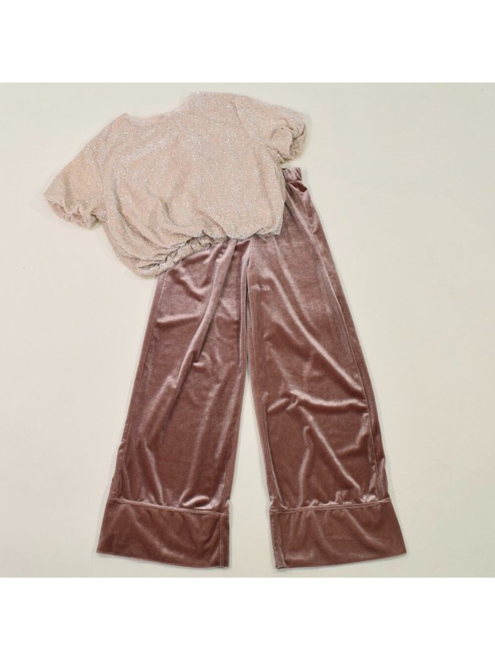 Zara Kids Shirt + Wide-Leg Velvet Pants 2-Piece Dressy Outfit Beaded Bubble Top
